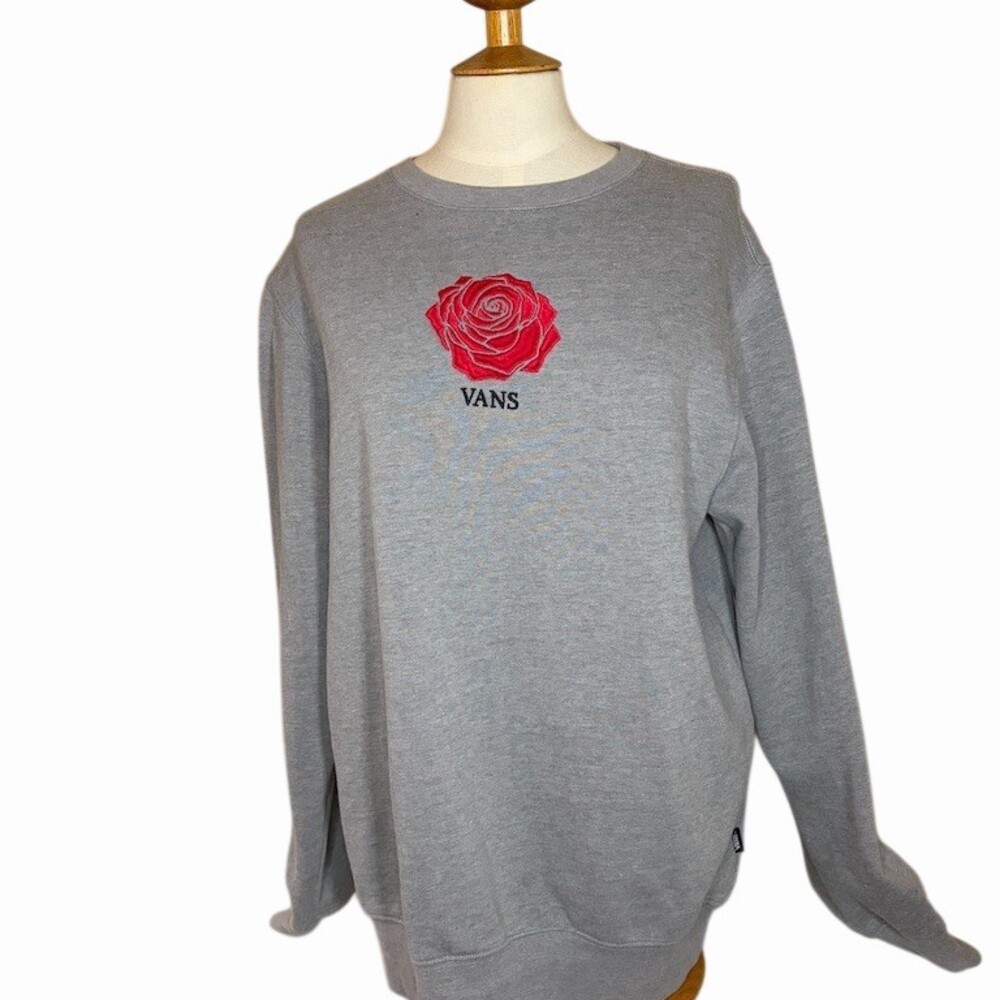 Vans Sweatshirt Unisex Adults Size S Heather Gray Crewneck Red Rose Logo